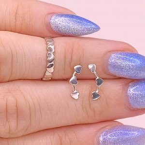 Conjunto Anillo para medio falange y Aros Corazones Tres de Plata 925